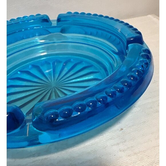 Glass Ashtray Blue Textured Sunburst Design 4.5" Mid-Century Modern Vintage - Picture 2 of 7